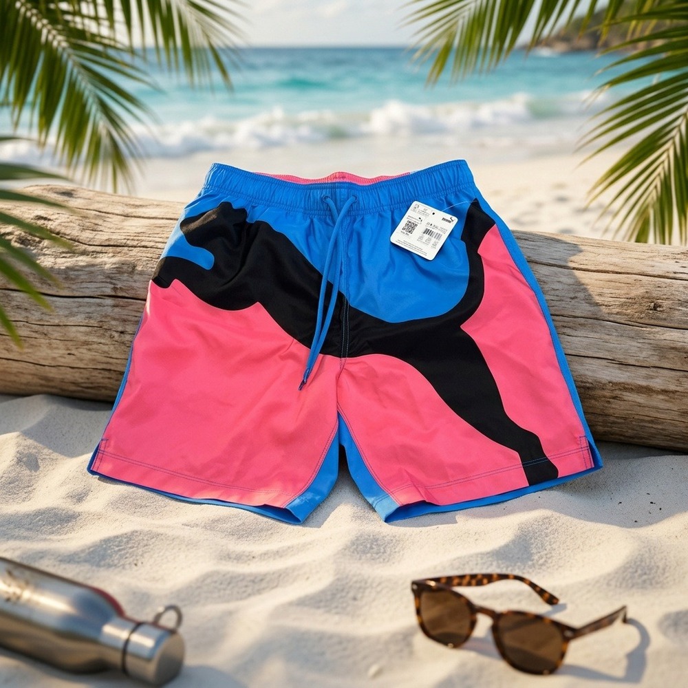 NWT PUMA Power Volley Men Swim Trunks Small Blue Pink Big Cat Logo Board Shorts